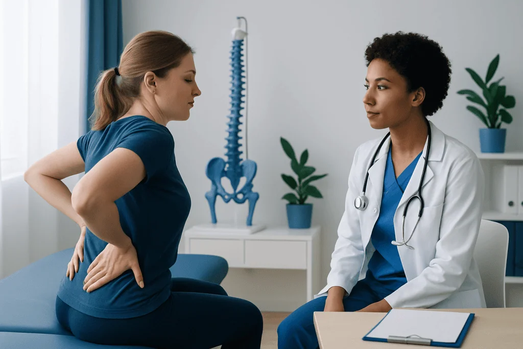 Doctor consulting patient with lower back pain in clinic setting.