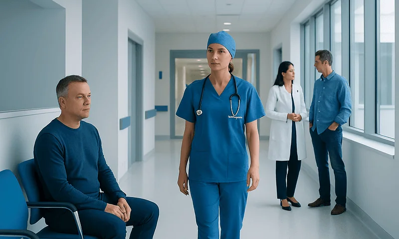Healthcare professionals and patient in a modern hospital corridor.