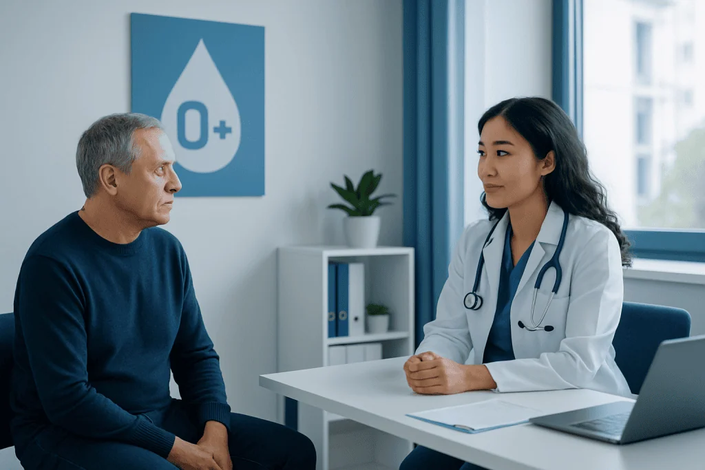 Doctor consulting with a patient about blood types in a modern clinic.