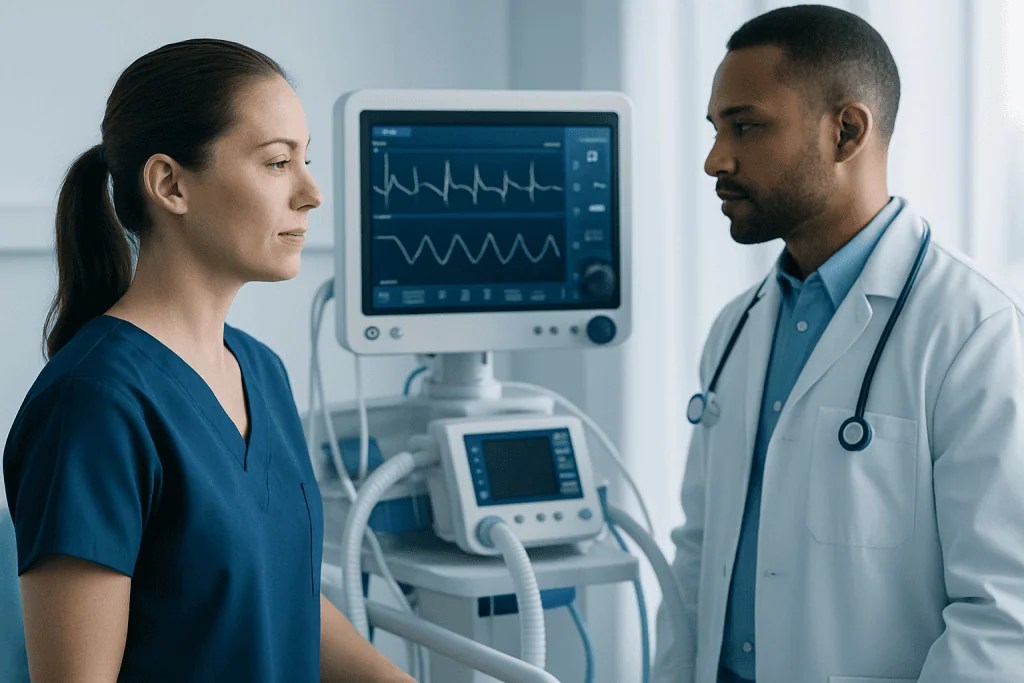 Medical professionals discussing patient data in a hospital setting.