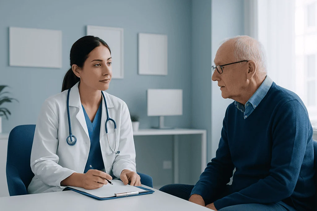 Doctor consulting with elderly patient in a modern medical office.