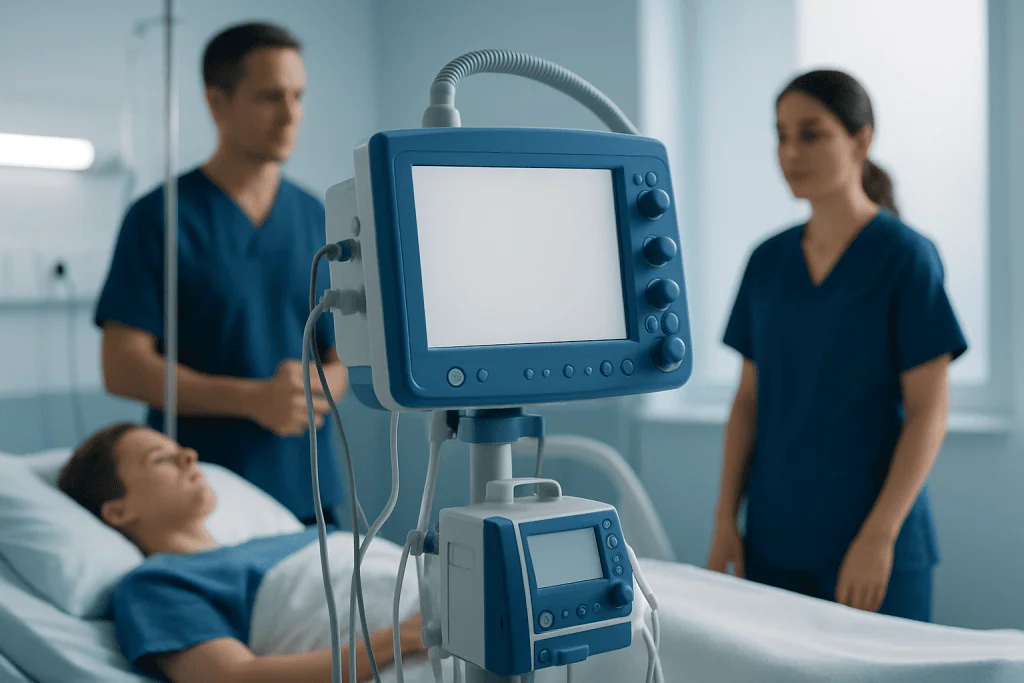 Medical professionals monitor patient with ventilator in hospital room.