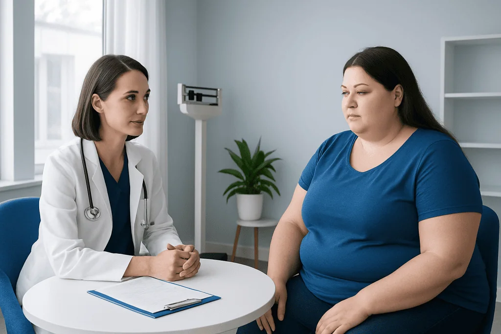 Doctor consulting with a patient about weight management in a clinic setting.