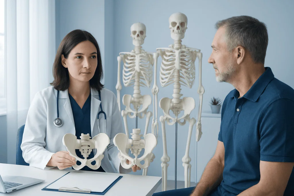 Doctor explaining male and female skeleton differences to patient.