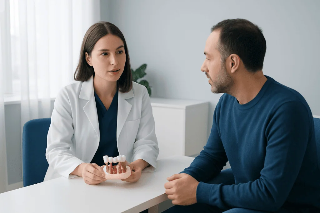 Dentist explaining All-on-4 dental implants to patient in consultation room.
