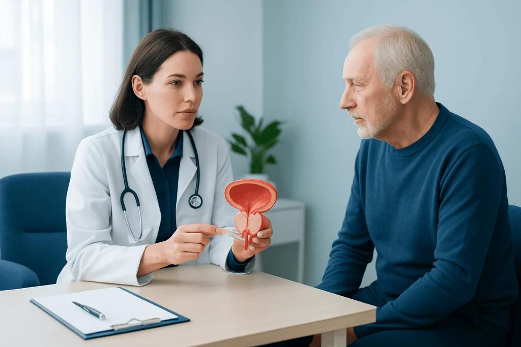 Urologist explaining prostate anatomy to an elderly male patient.