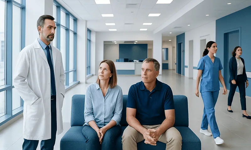Medical consultation in a modern hospital with doctor and patients.