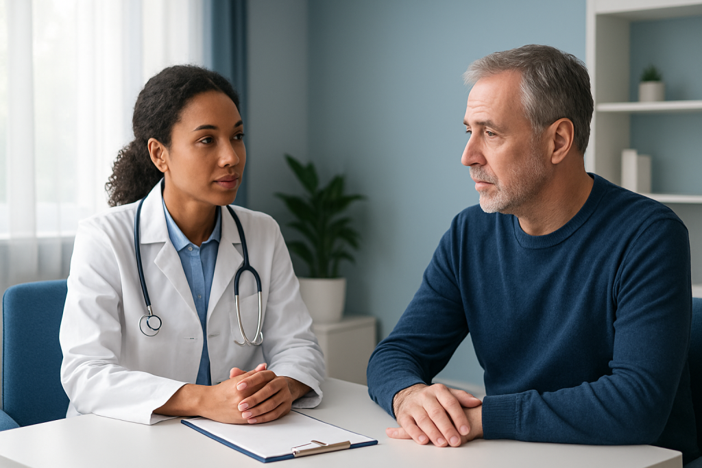 Doctor consulting with a patient in a medical office setting.