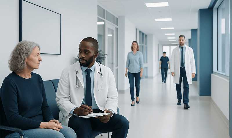 Doctor consulting with an elderly patient in a hospital corridor.
