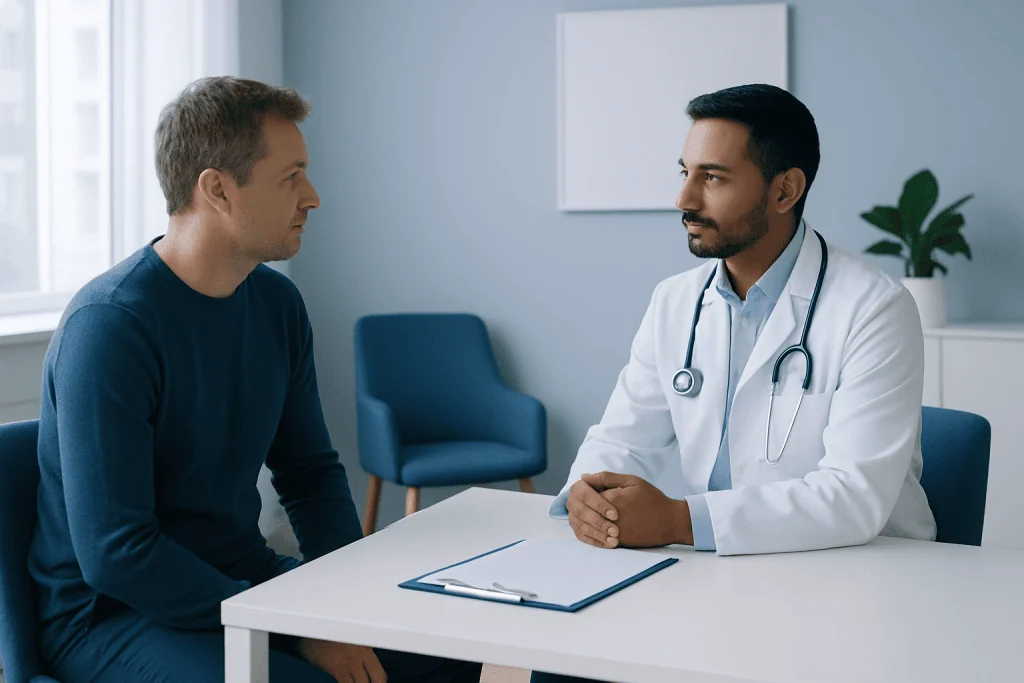 Doctor consulting with male patient in a modern clinic setting.