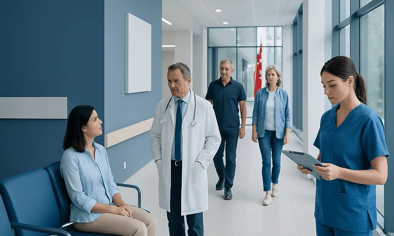 Hospital staff and patients in a modern healthcare corridor.