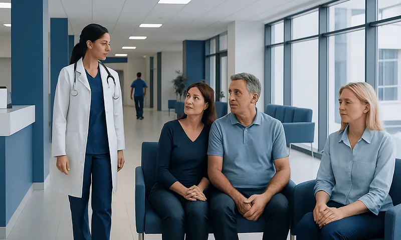 Doctor consulting with patients in a hospital waiting area.
