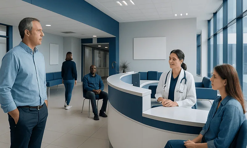 Doctor consulting with patients in a modern hospital reception area.