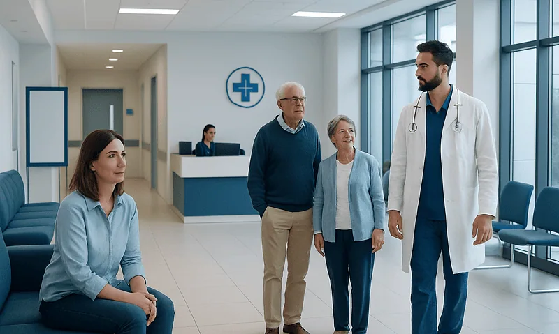 Doctor consulting with elderly patients in hospital corridor.