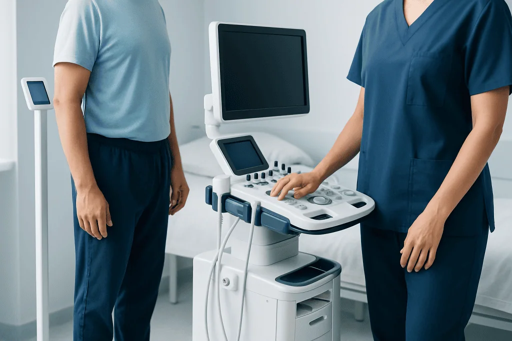 Medical professionals using ultrasound equipment in a hospital setting.