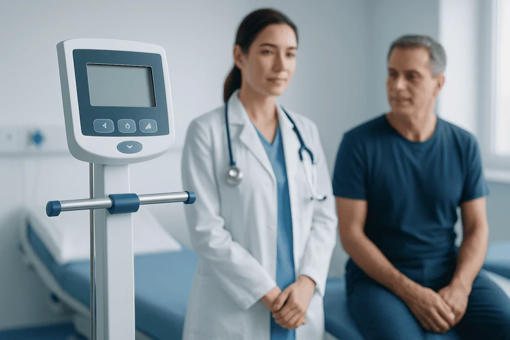 Doctor and patient in a hospital consultation room with medical equipment.