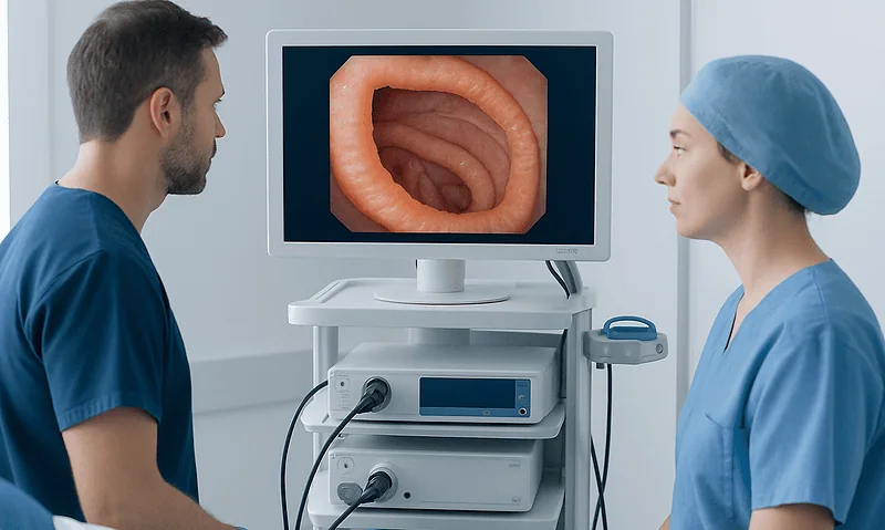 Medical professionals examining a colonoscopy image on a monitor.
