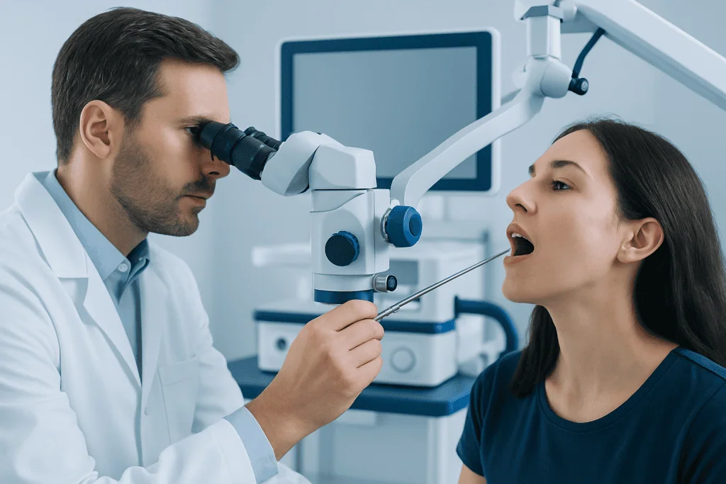 ENT specialist examines patient's throat with a microscope during an appointment.