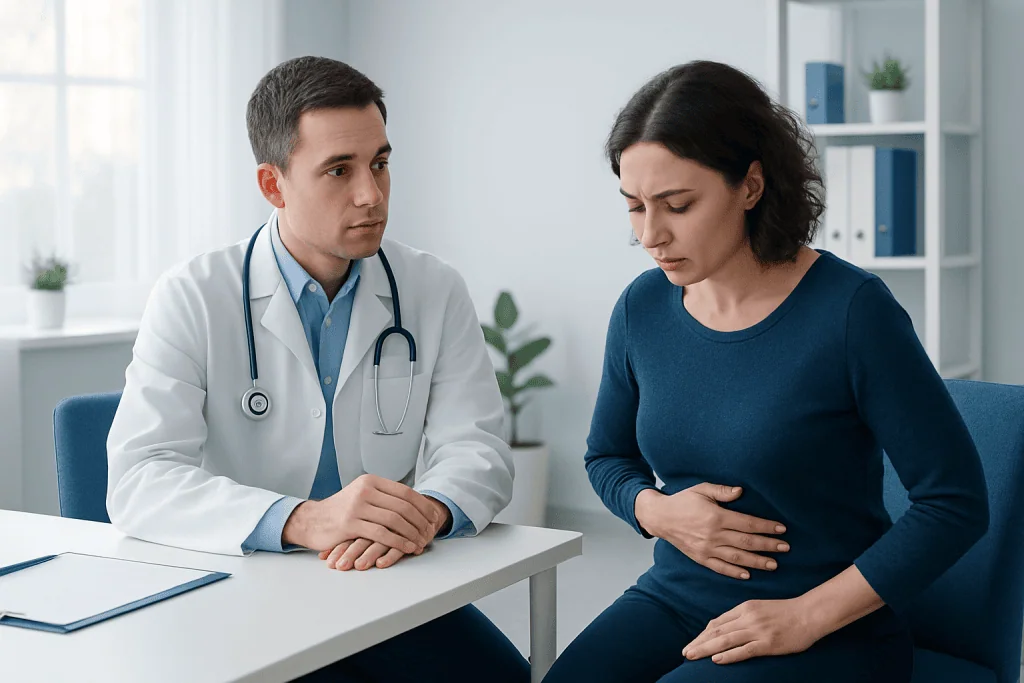 Doctor consulting with a woman patient experiencing stomach pain.