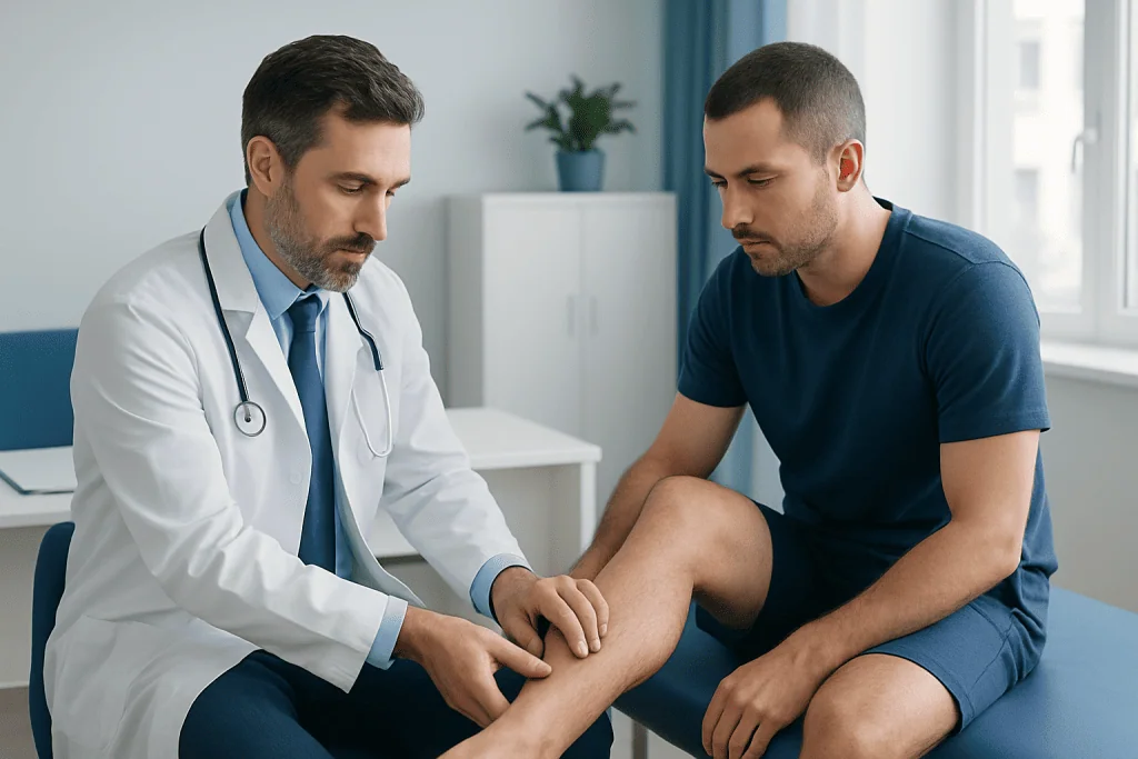 Doctor examining patient's leg in a medical consultation at Acibadem Hospital.