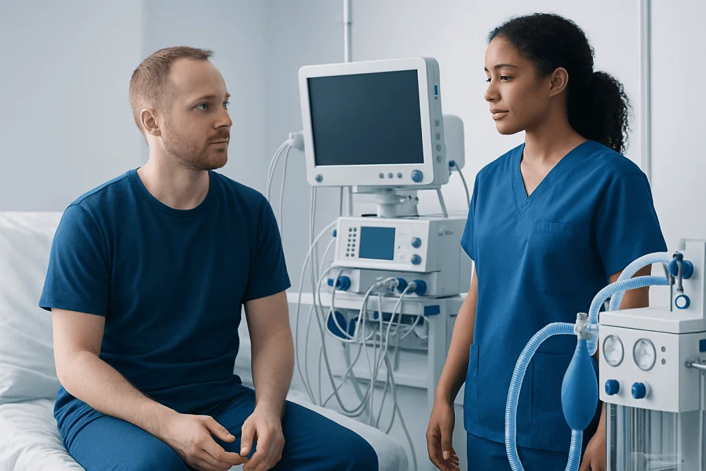 Doctor consulting with patient in hospital room with medical equipment.
