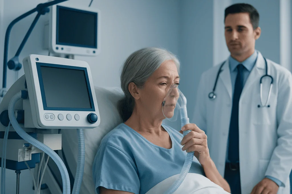 Elderly woman receiving oxygen therapy in hospital bed with doctor nearby.