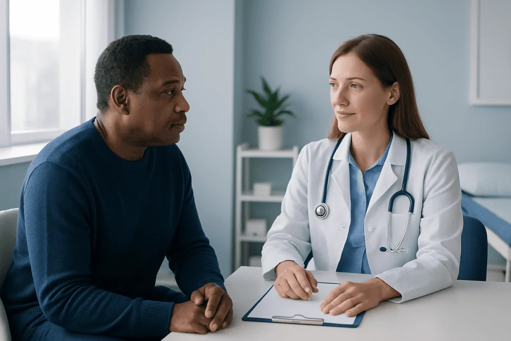 Doctor consulting with patient in a medical office setting.