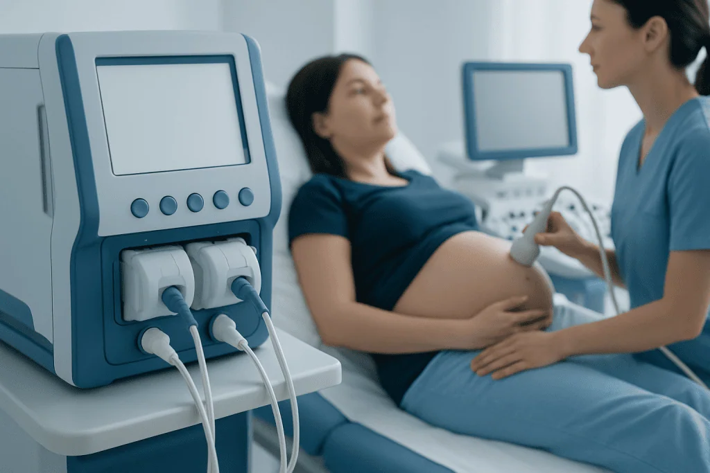 Pregnant woman undergoing ultrasound examination in a hospital.