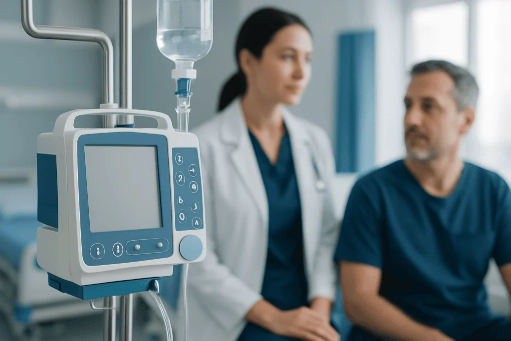 Medical professional with patient in hospital room near IV drip and monitor.