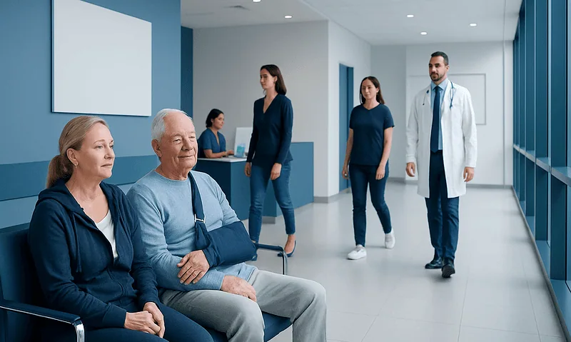 Patients waiting in a hospital corridor with medical staff nearby.