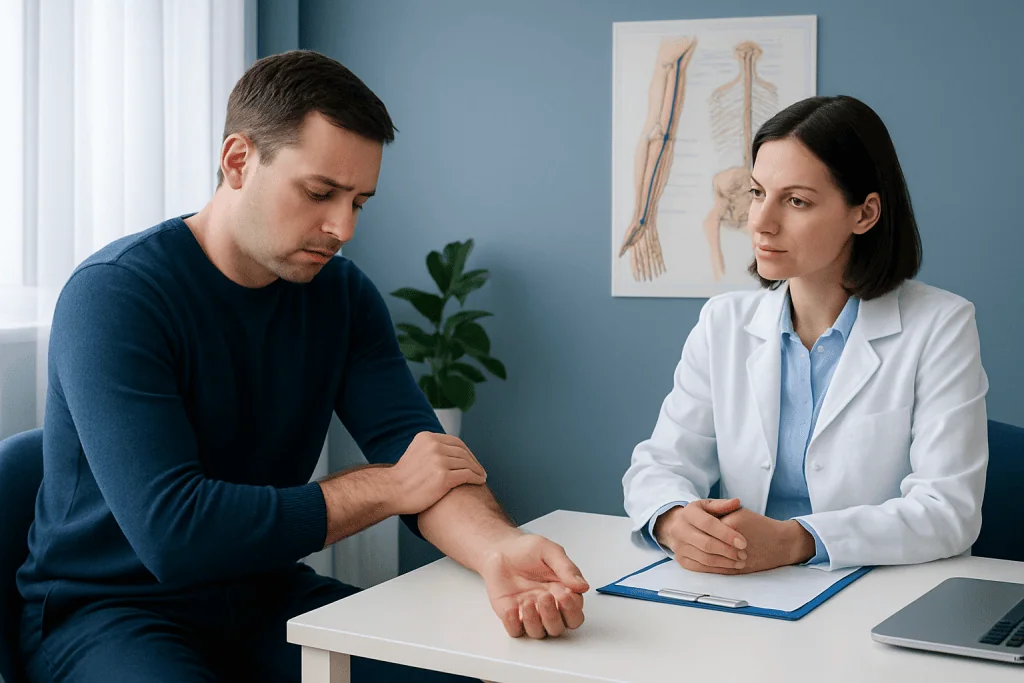 Doctor examining patient's arm for ulnar nerve issues in consultation room.
