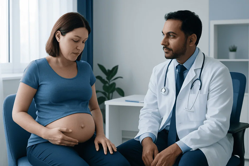 Pregnant woman consulting with a doctor in a medical office.