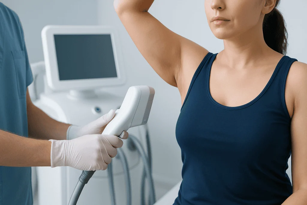 Medical professional examining underarm fat with ultrasound device.
