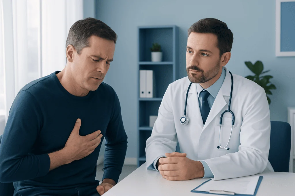 Doctor examining patient with chest pain in consultation room.