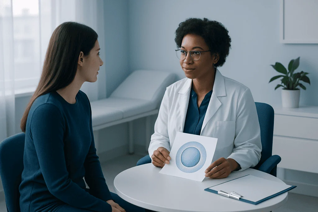 Doctor explaining medical information to a patient in a consultation room.
