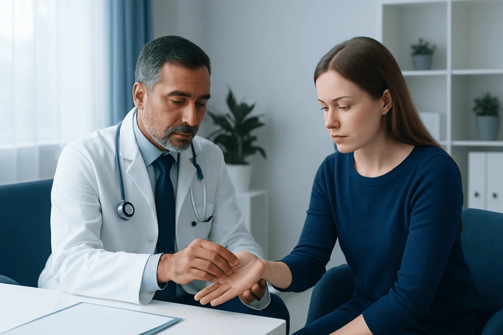 Doctor examining patient's hand in a medical consultation.