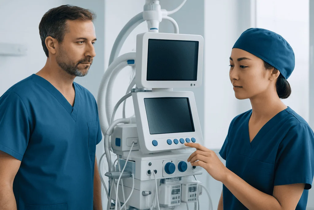 Medical professionals operating advanced hospital monitoring equipment.