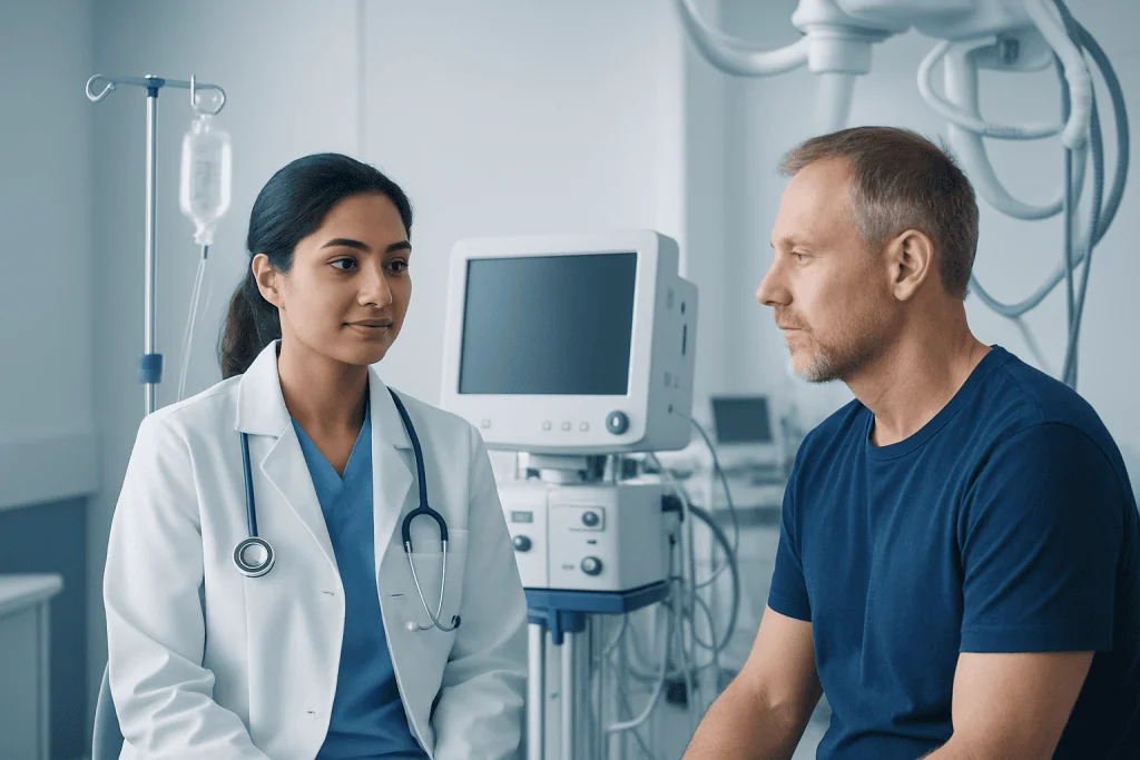 Doctor consulting patient in hospital setting with medical equipment.