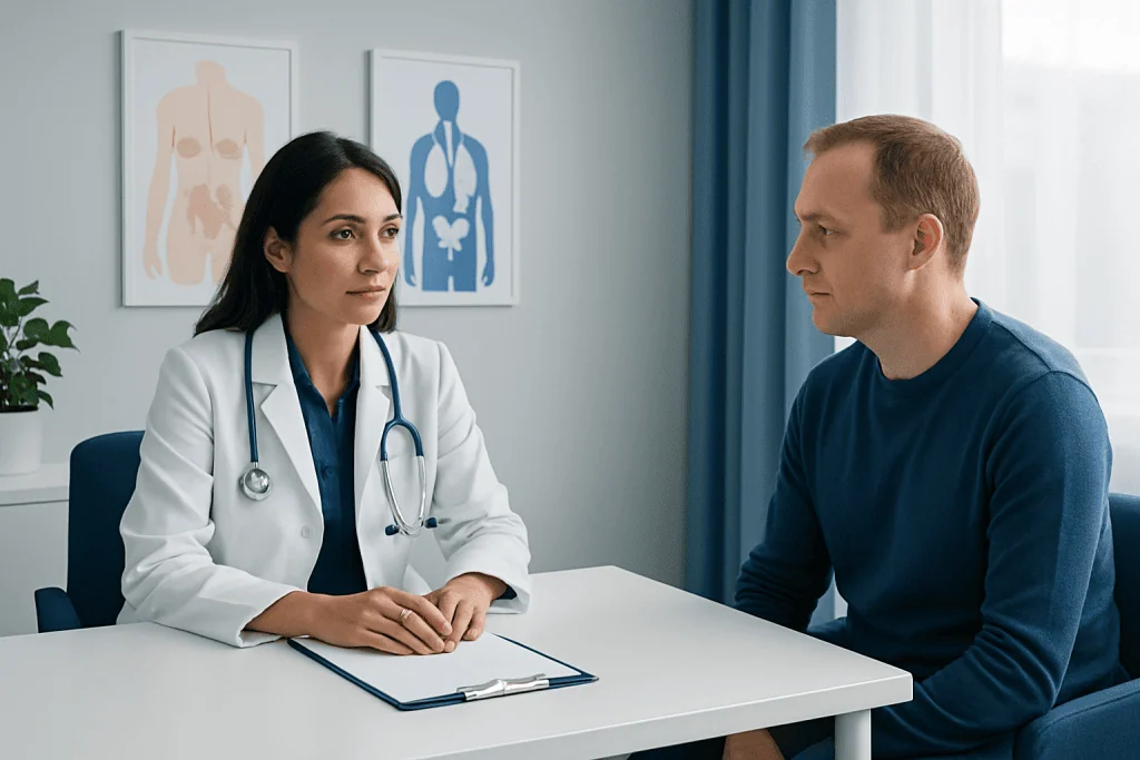 Doctor consulting with male patient in a medical office setting.
