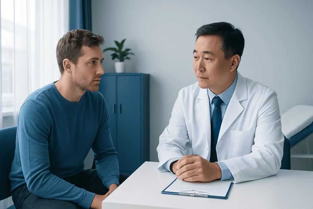 Doctor consulting with young male patient in a medical office.