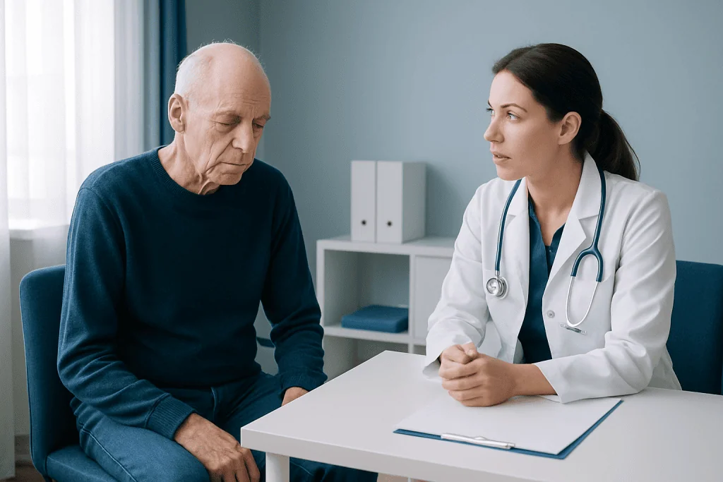 Doctor consulting with elderly male patient in a medical office.