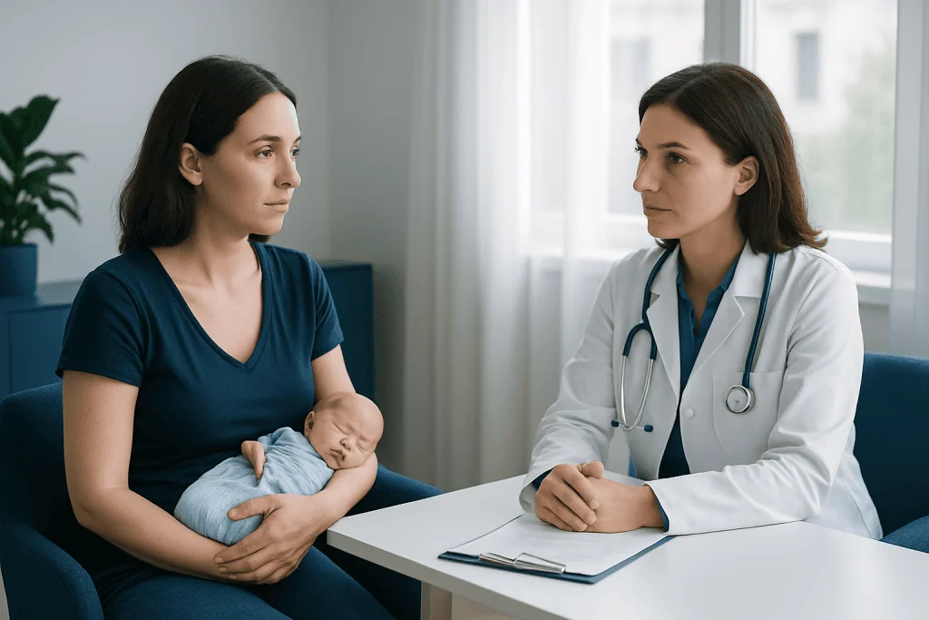 Doctor consulting new mother about postpartum health and recovery.
