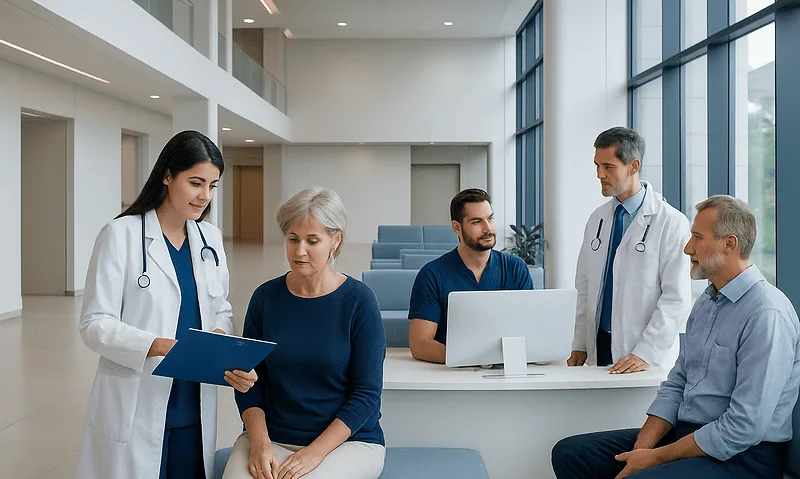Medical team consulting with patient in modern hospital lobby.