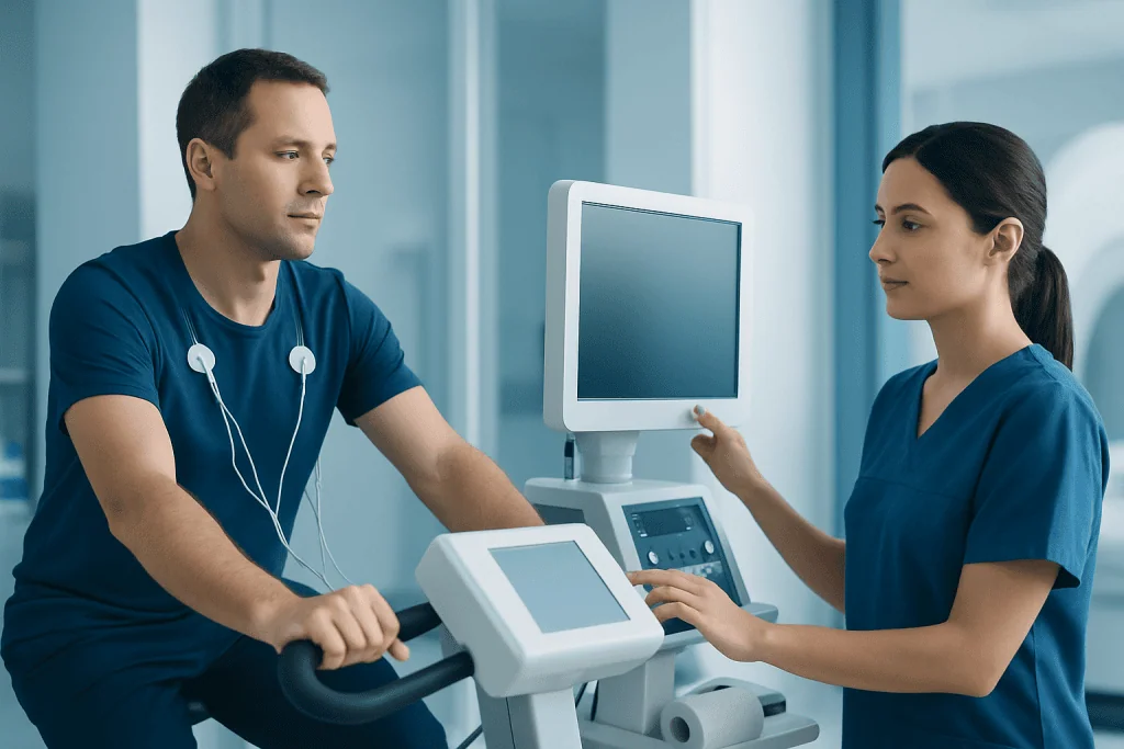 Patient undergoing medical examination with healthcare professional in hospital.