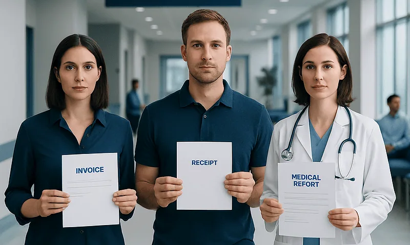 Medical professionals holding invoice, receipt, and medical report documents in hospital corridor.