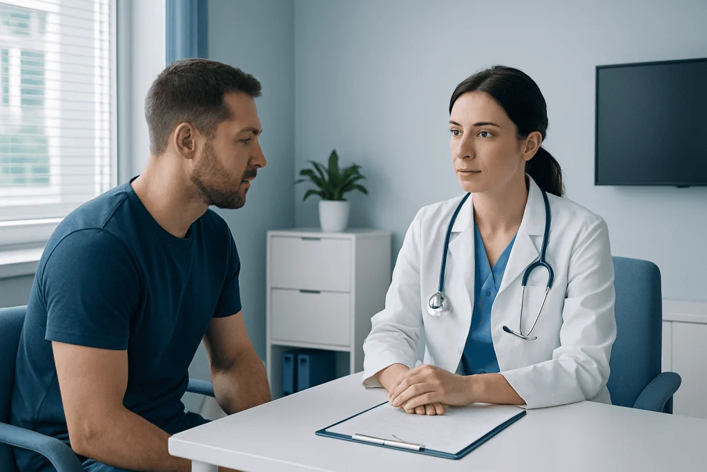Doctor consulting with male patient in a medical office.