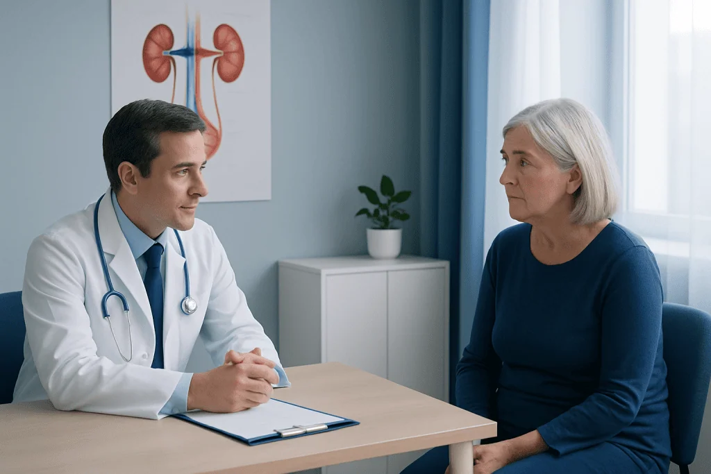 Doctor consulting with an elderly female patient in a medical office.