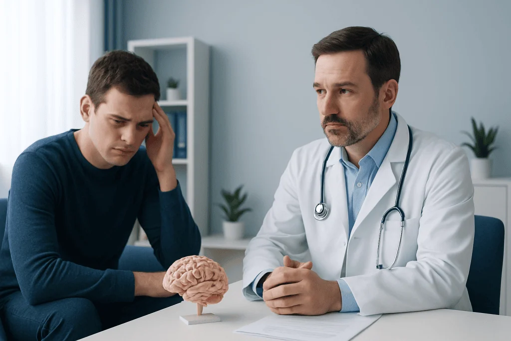 Doctor consulting with young patient about brain health and cognitive issues.
