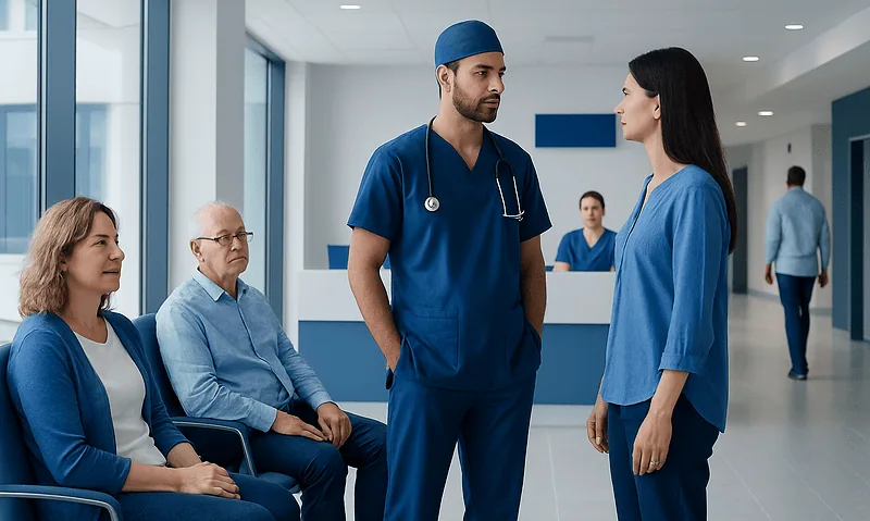 Medical team discussing patient care in hospital corridor.