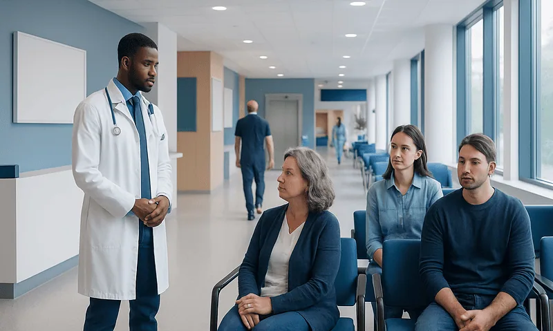 Doctor consulting with patients in a hospital waiting area.